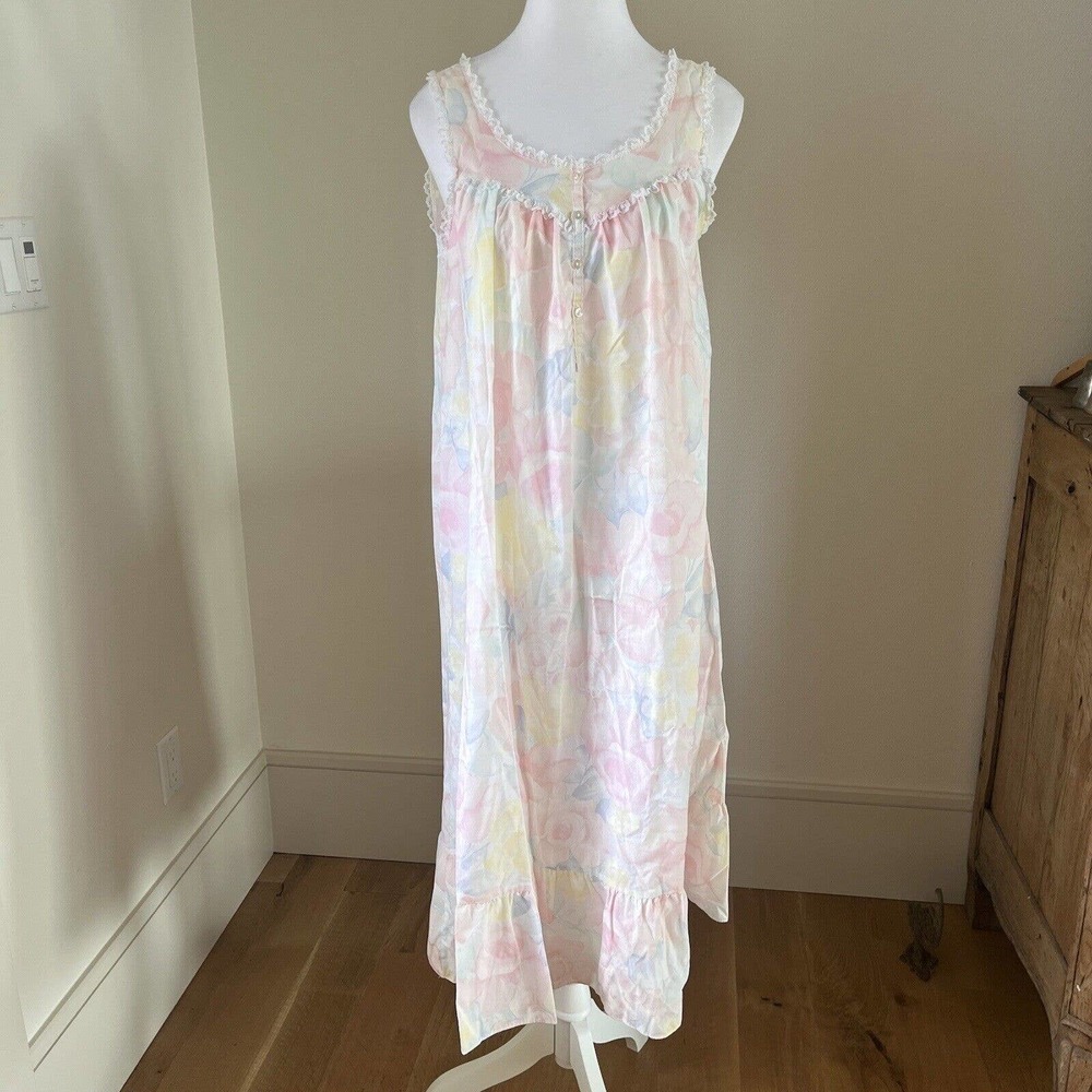 Vintage Henson Kickernick Pastel Floral Nightgown Sz S Cotton Blend Lace Trim
